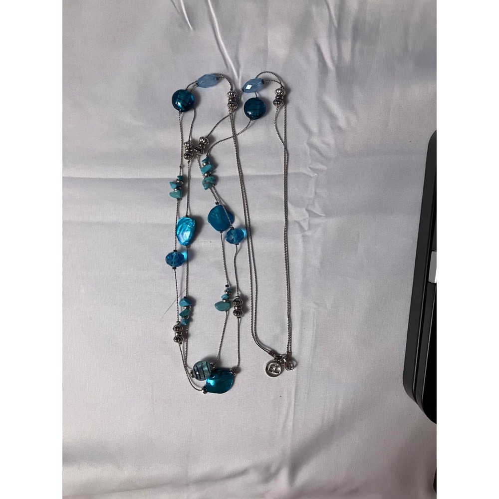 EC Blue Turquoise Glass Bead Multi Strand Long Layered Necklace Silver Tone